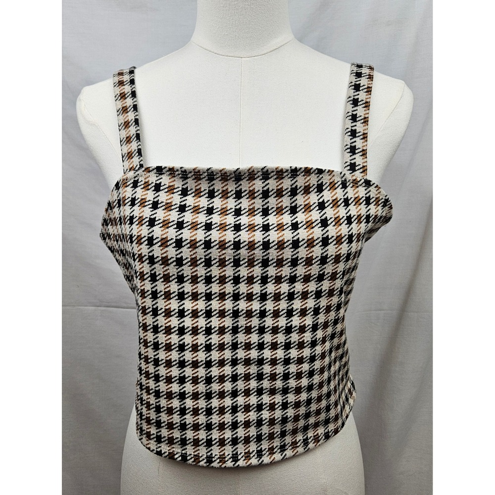 Selfie Lg‎ Houndstooth Crop Top Sleeveless Square Neck Side Zip Tan Black Boho
